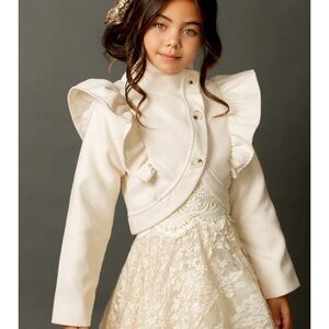 Joyfolie Cream Blazer with Ruffled Shoulders and High Collar